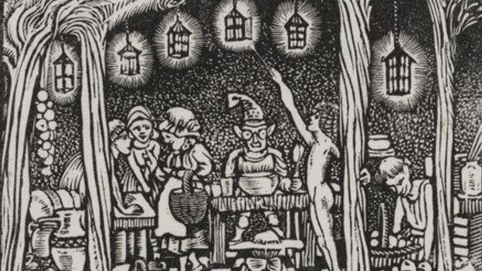 Woodcut print of fairies