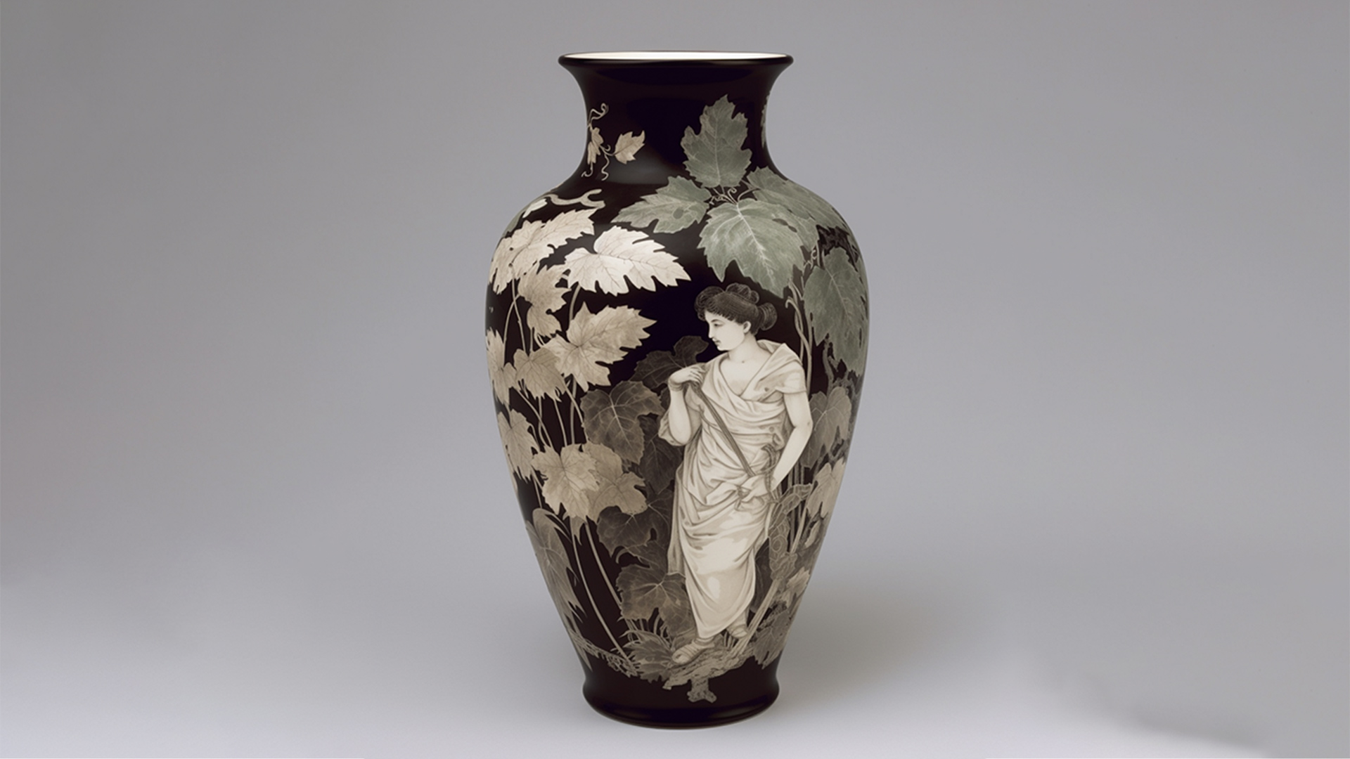 Black ceramic vase with decorative figures and leaves