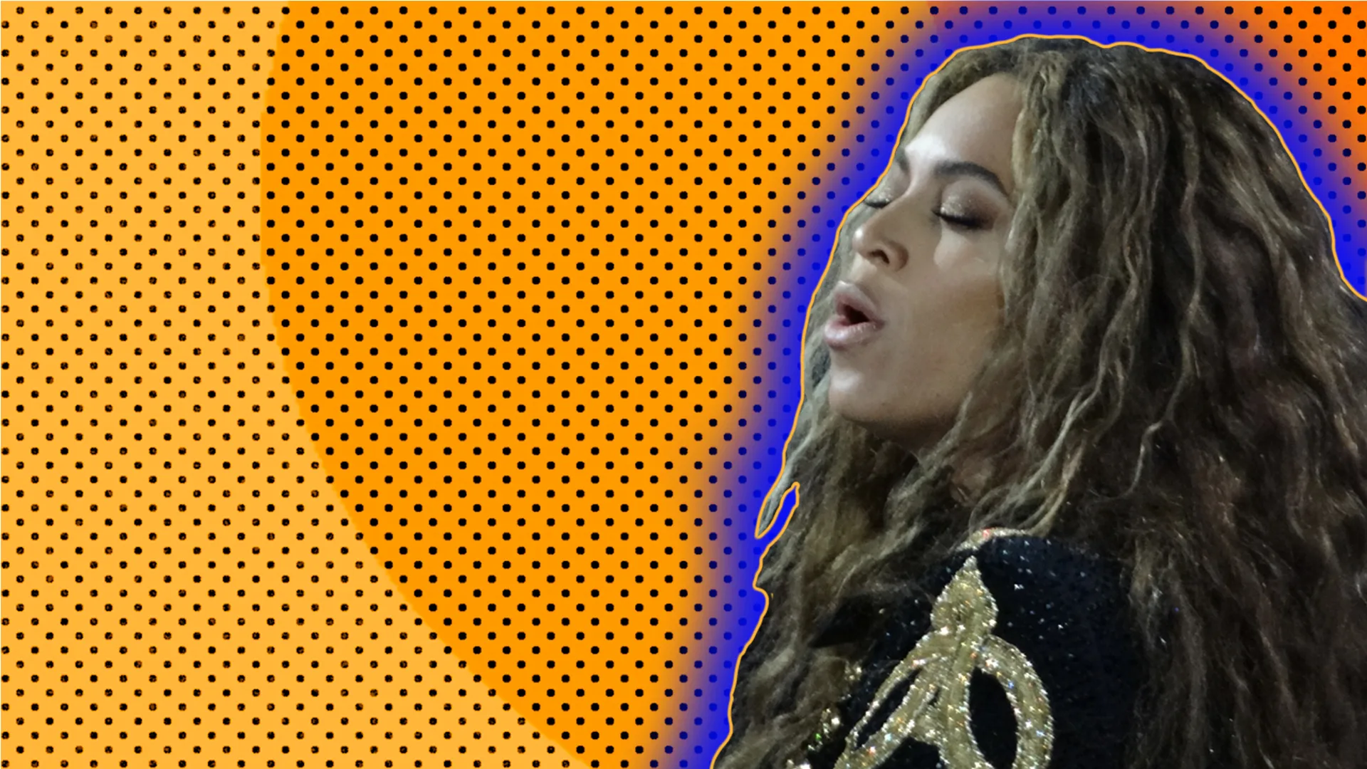 Side profile of Beyonce, wearing shiny black dress, singing, outlined by blue halo effect on orange and black-dotted background.