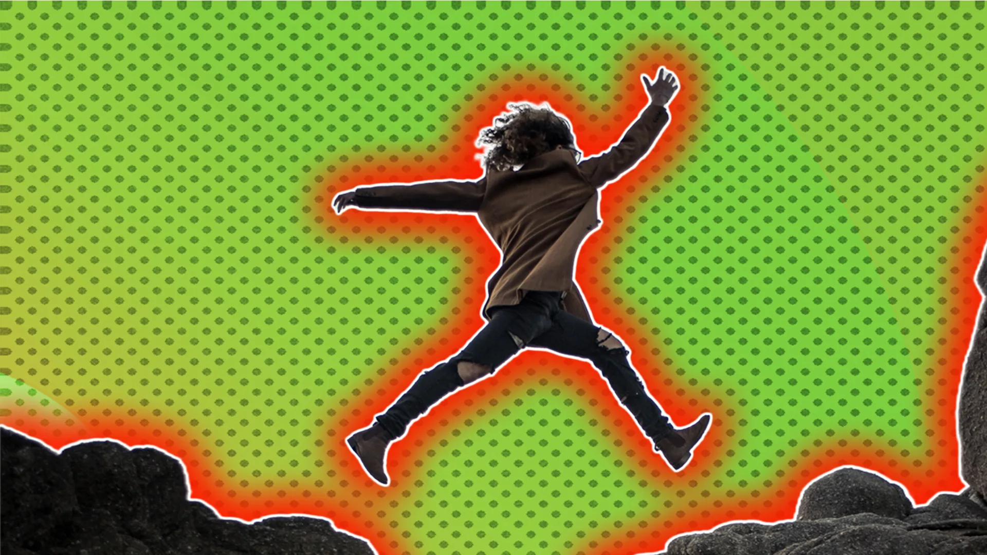 Woman jumping in the air with a polkadot background and a glow around the image