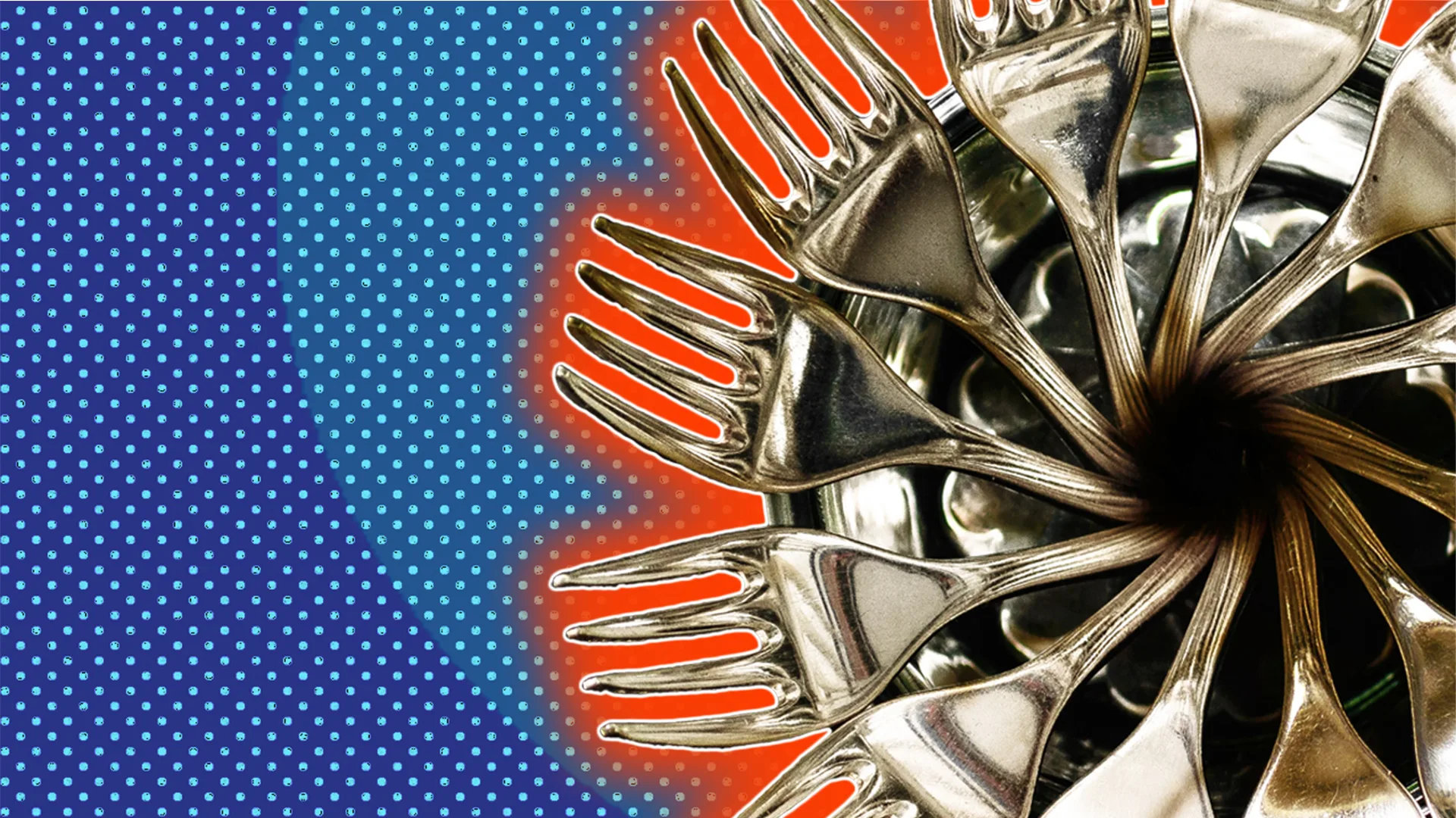 Forks spread out in a circle with a polkadot background and a glow around the image