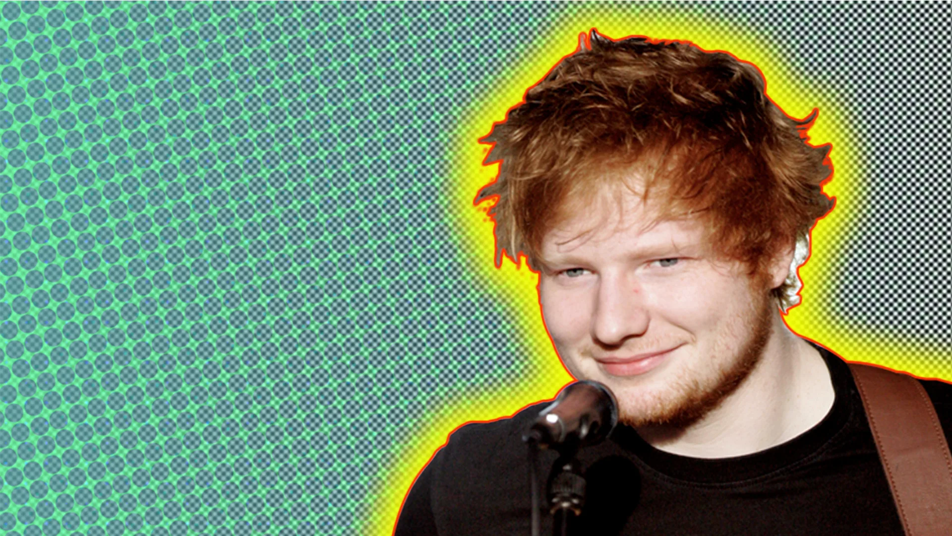 Ed Sheeran performing with microphone, outlined by yellow halo effect on green-dotted background.