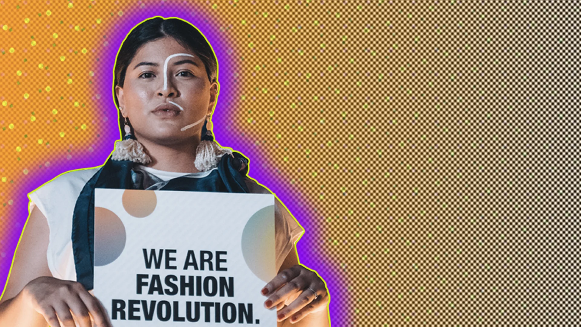 A woman holding a sustainable fashion message with a polkadot background and a glow around the image