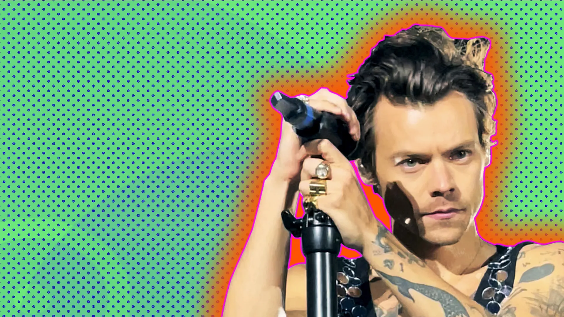 Harry Styles performing live at the mic, outlined by orange halo effect on green background dotted with blue.