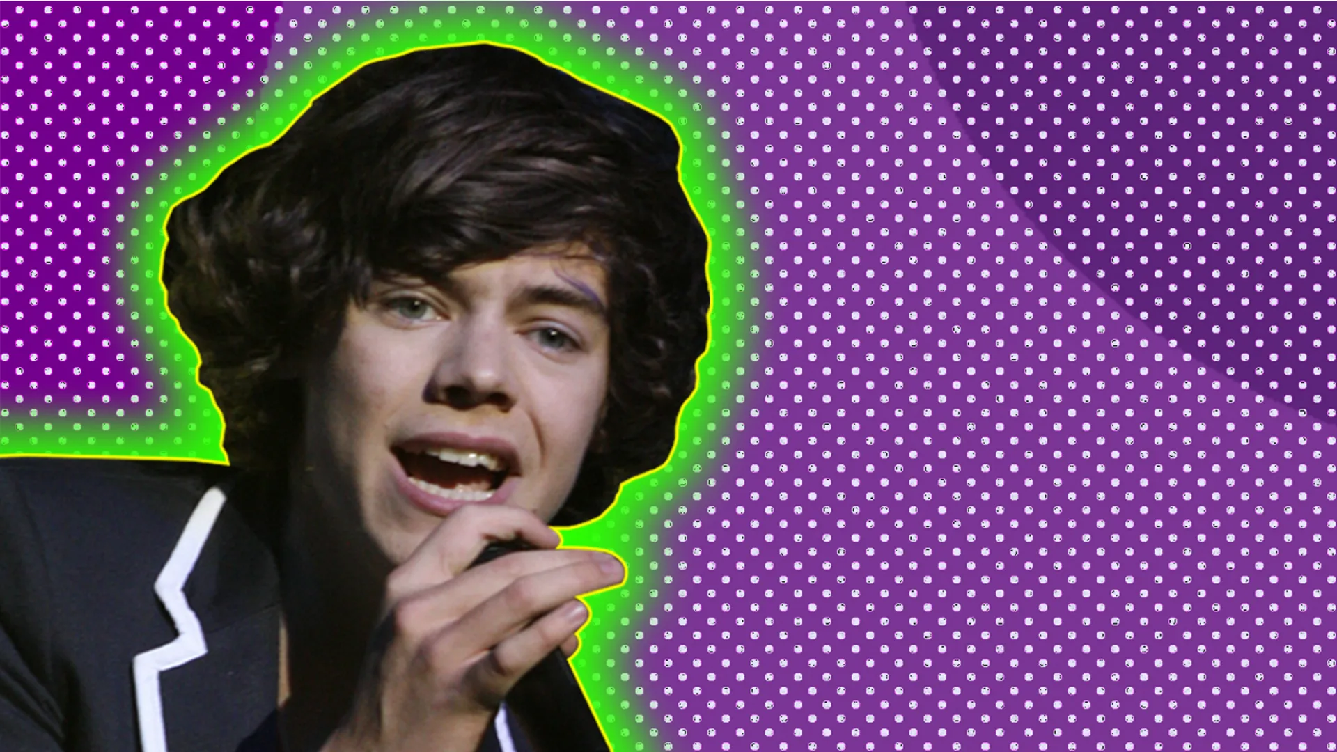 Harry Styles wearing black blazer and singing into microphone, outlined by light green halo effect on purple-dotted background.