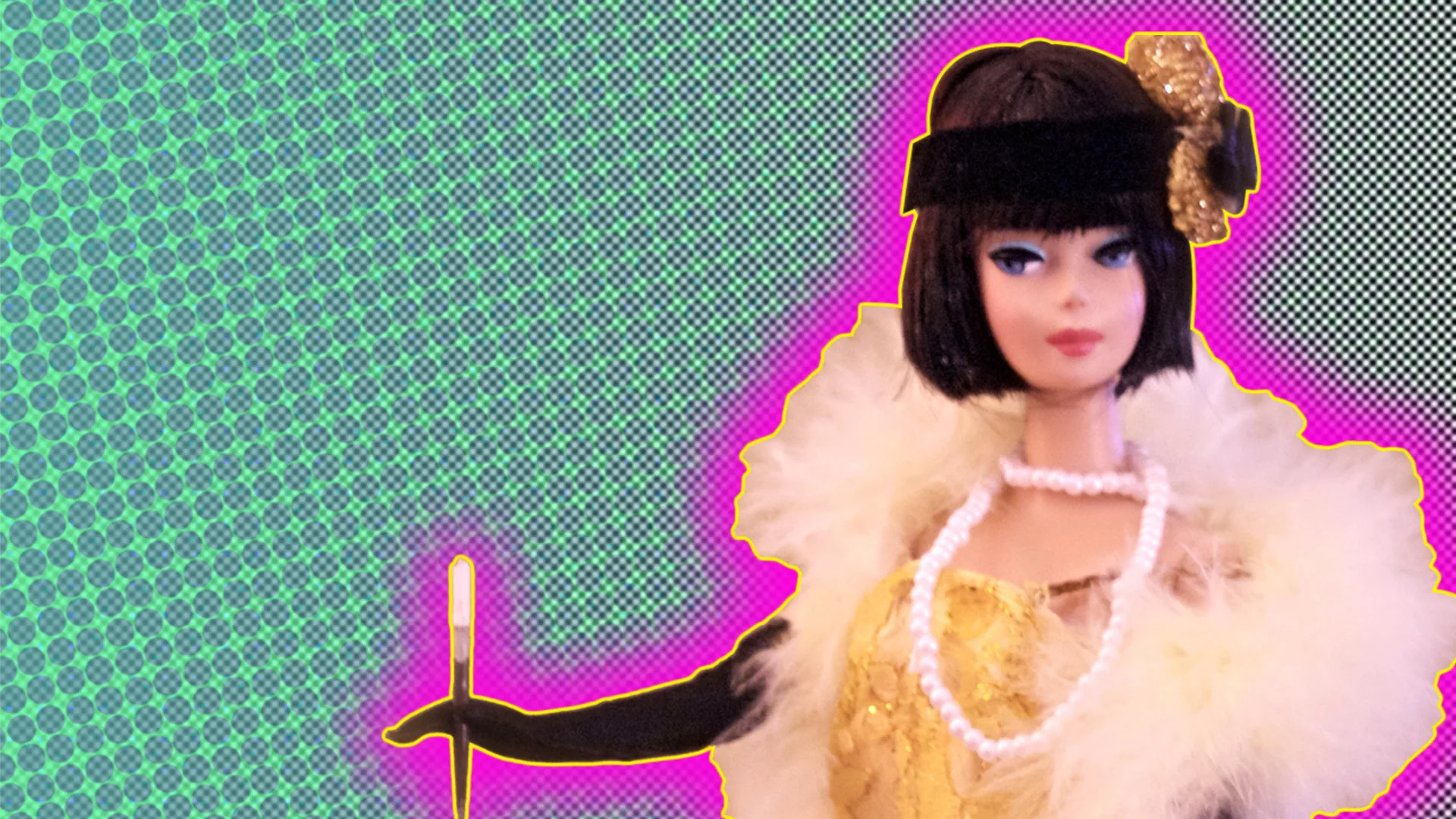 Barbie doll in 30s outfit with a polkadot background and a glow around the image