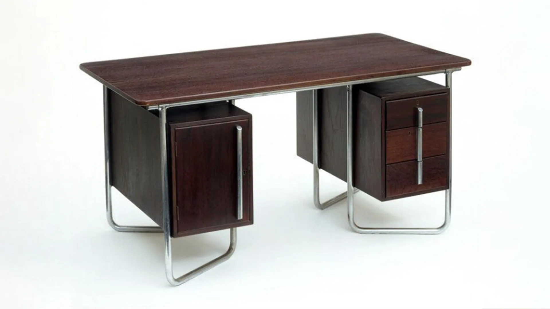 Stained oak desk with chrome steel frame