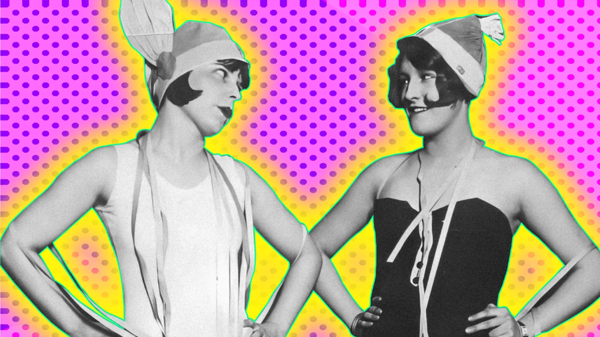 Two women dressed in 1930s Mardi Gras outfits in black and white with a green outline, yellow glow and a pink background with purple polka dots.