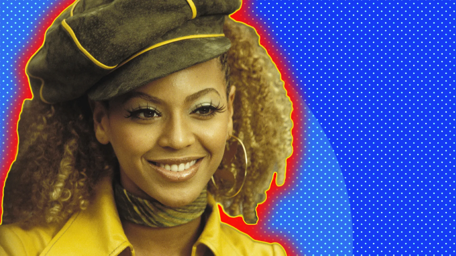 Close-up of Beyonce smiling and wearing 70s style hat and yellow jacket, outlined by red halo effect on blue-dotted background.