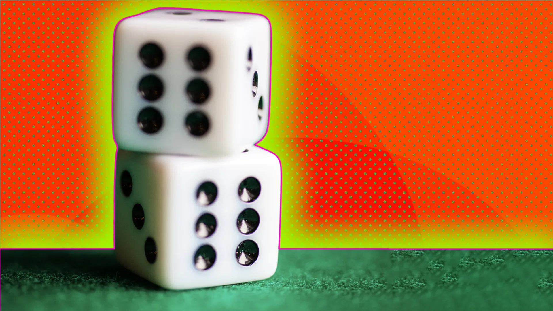 Pair of dice stacked on top of each other on blurred grass surface, outlined by light green halo effect on red and green-dotted background.
