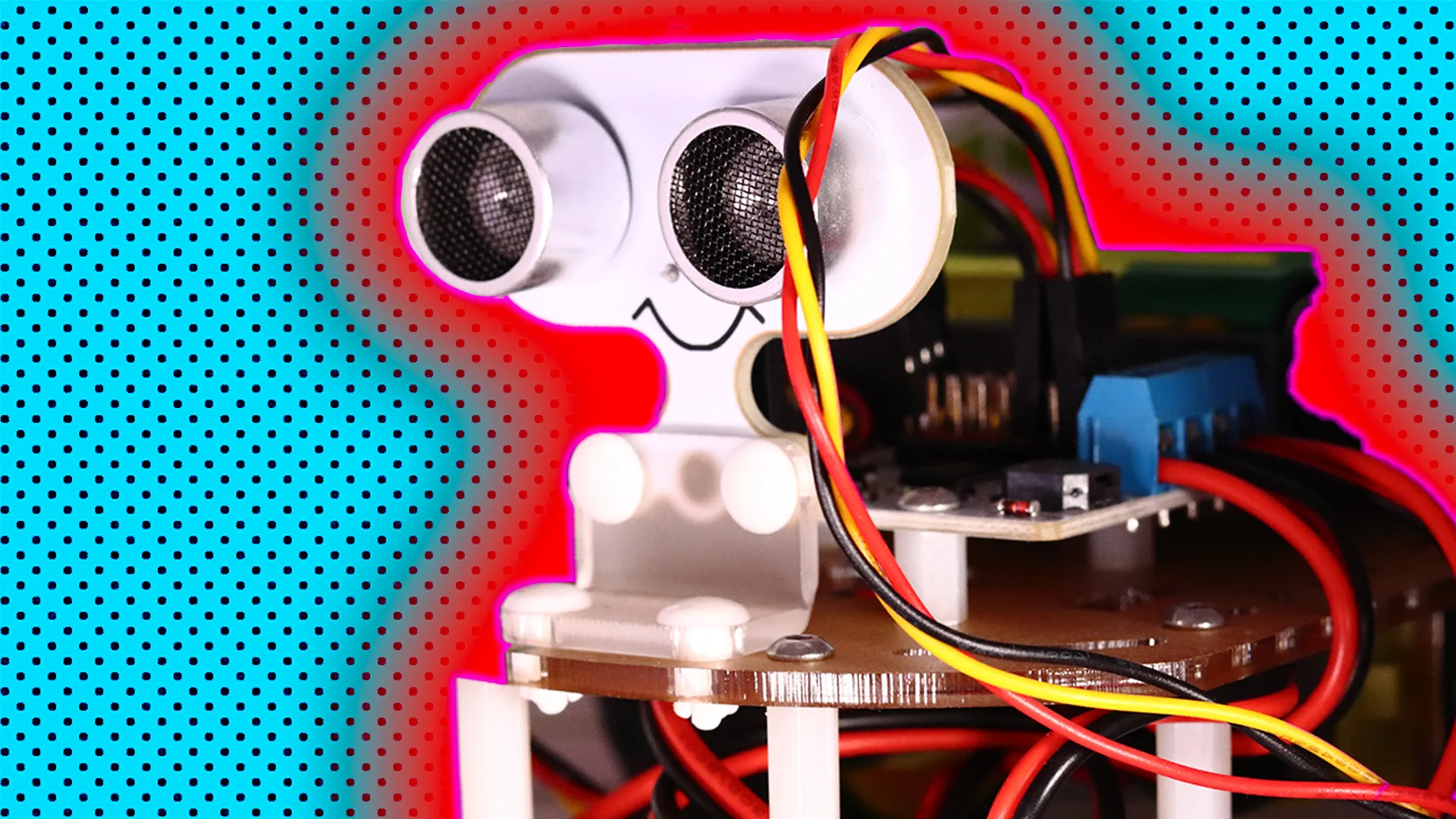 Cute-faced robot with lots of wires, outlined in a red and orange glow on a light blue dotted background