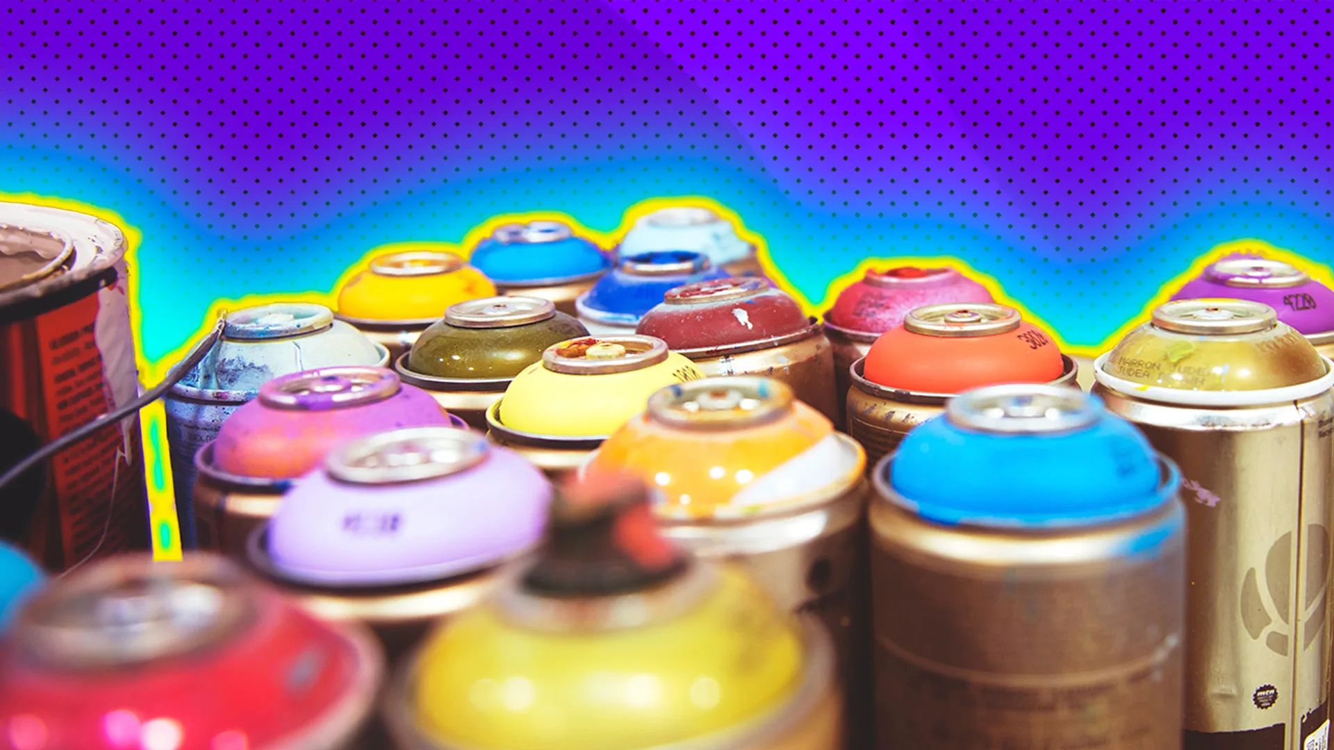 A set of used spray cans outlined in a turquoise glow effect with a dark purple spotty background