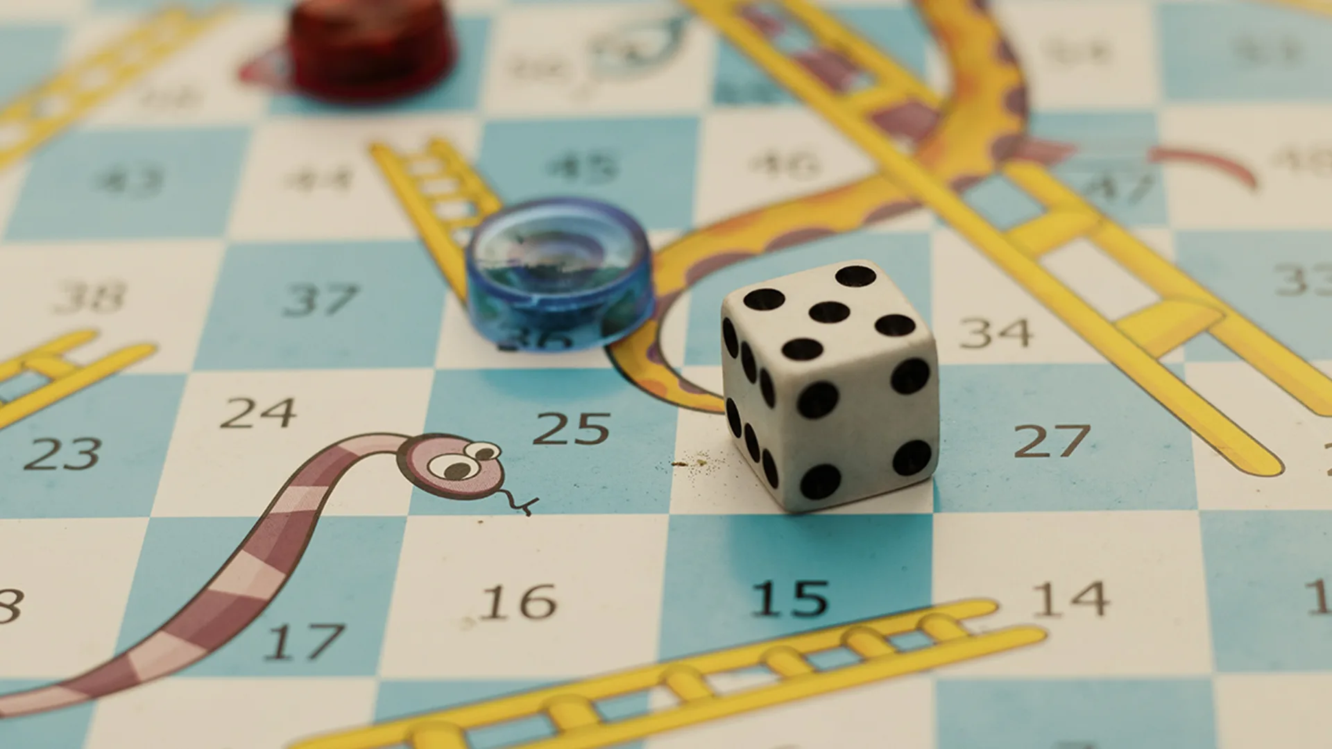 Snakes and Ladders game with a dice on the board