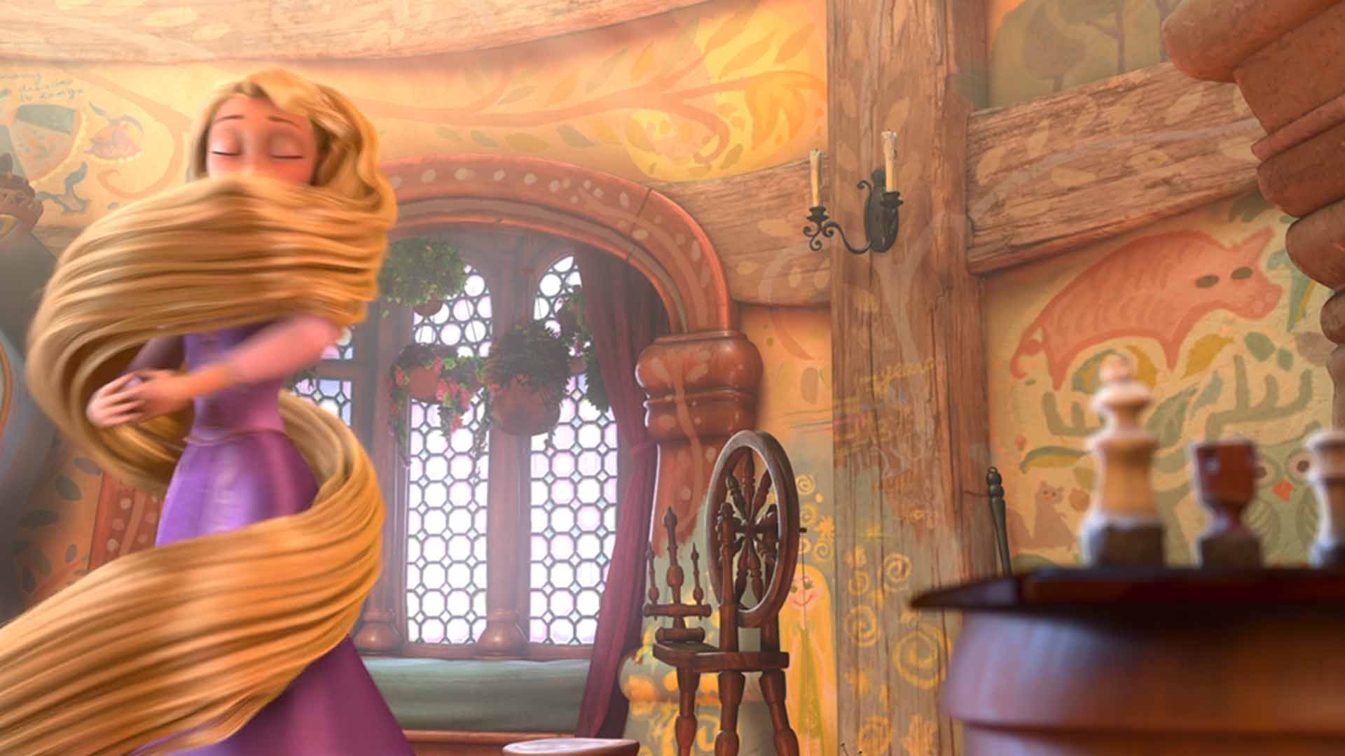 Rapunzel spinning in her castle