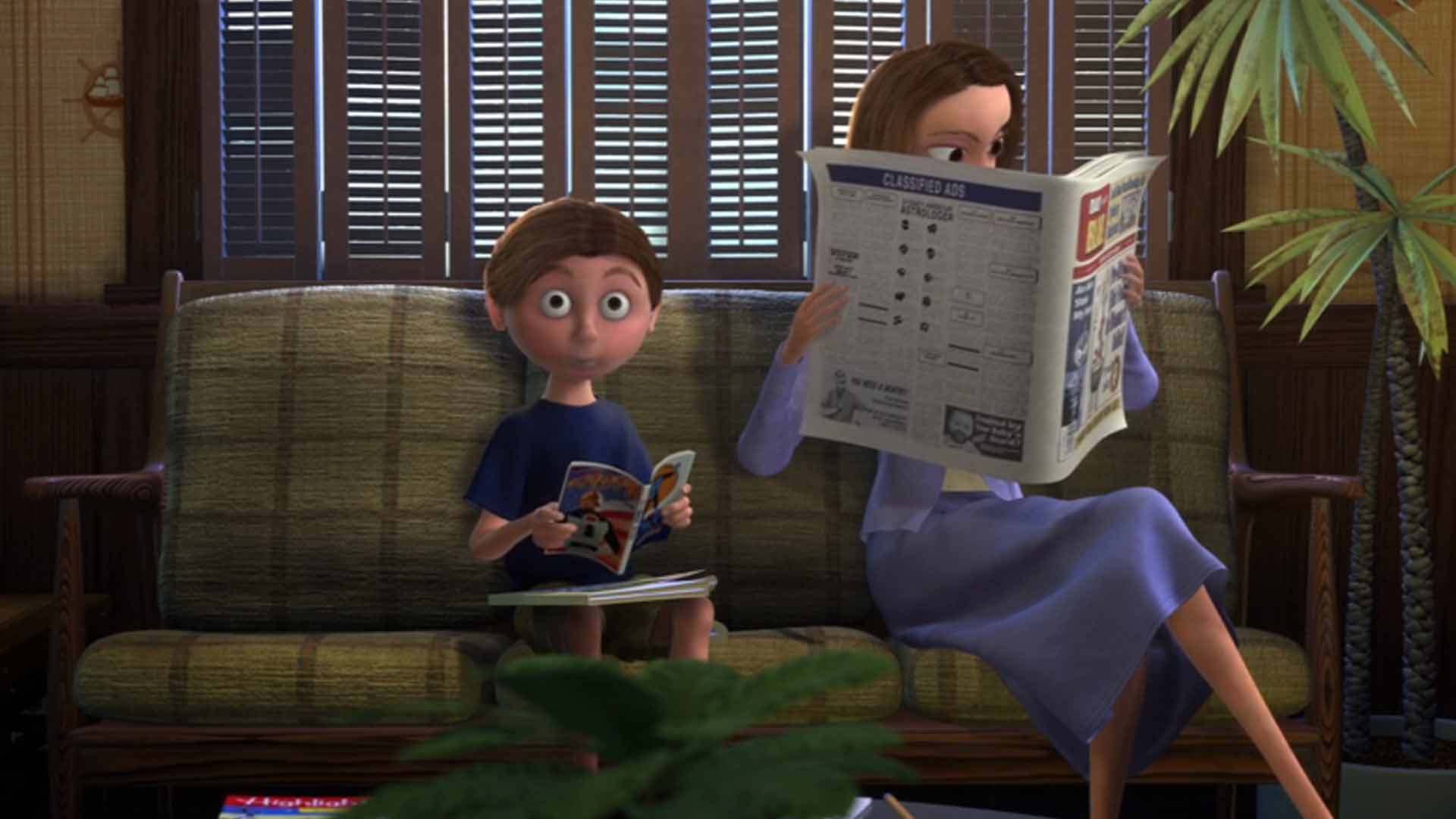 A boy reading a comic next to a women reading a newspaper
