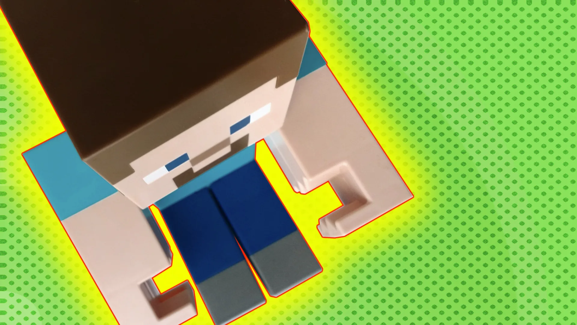 Minecraft Steve toy on a green background with a yellow glow