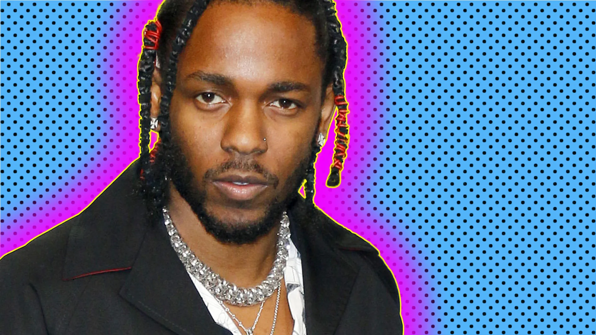 Kendrick Lamar at a premiere on a blue background with a purple glow behind him