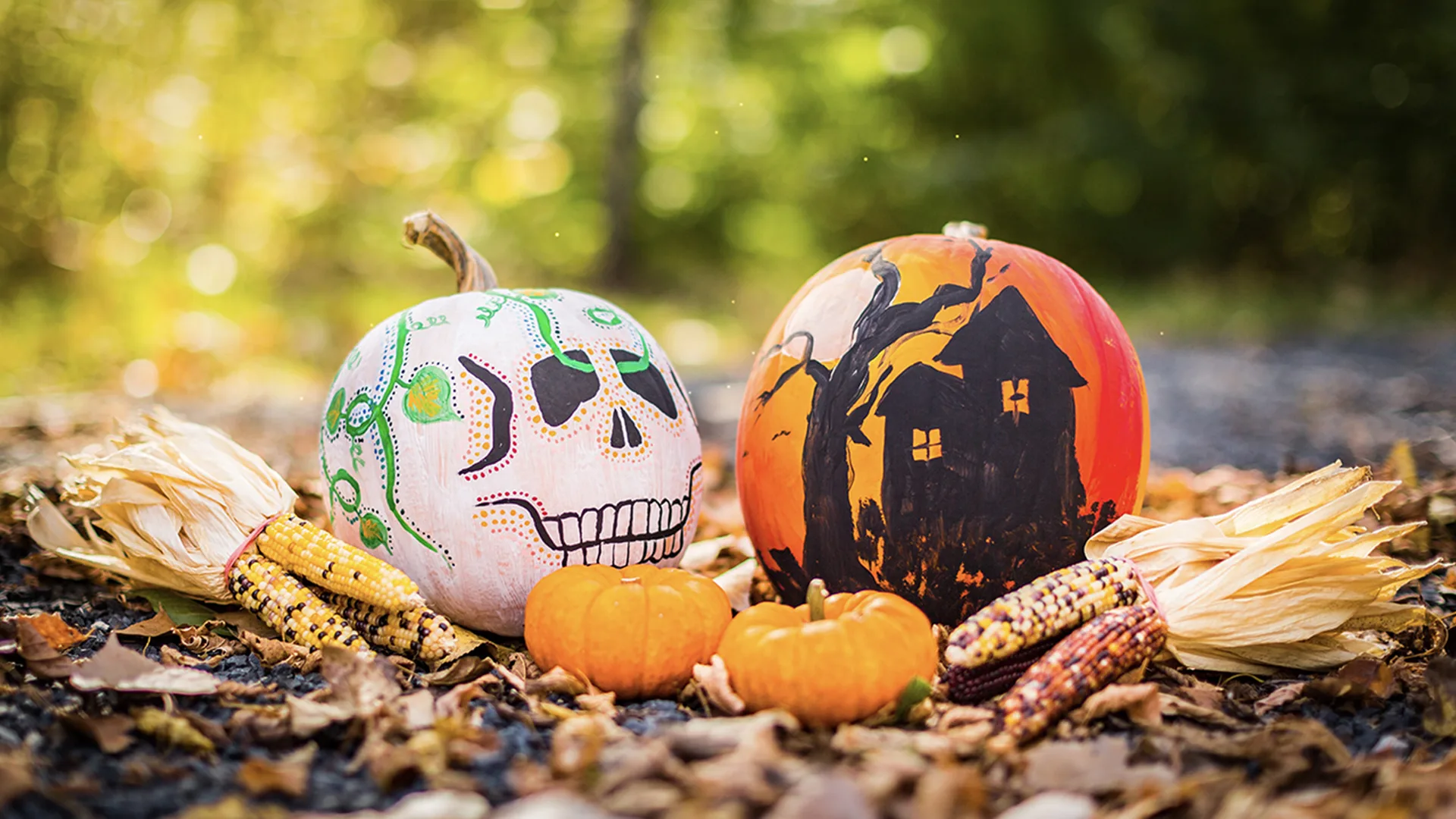 Two painted pumpkins in a forest
