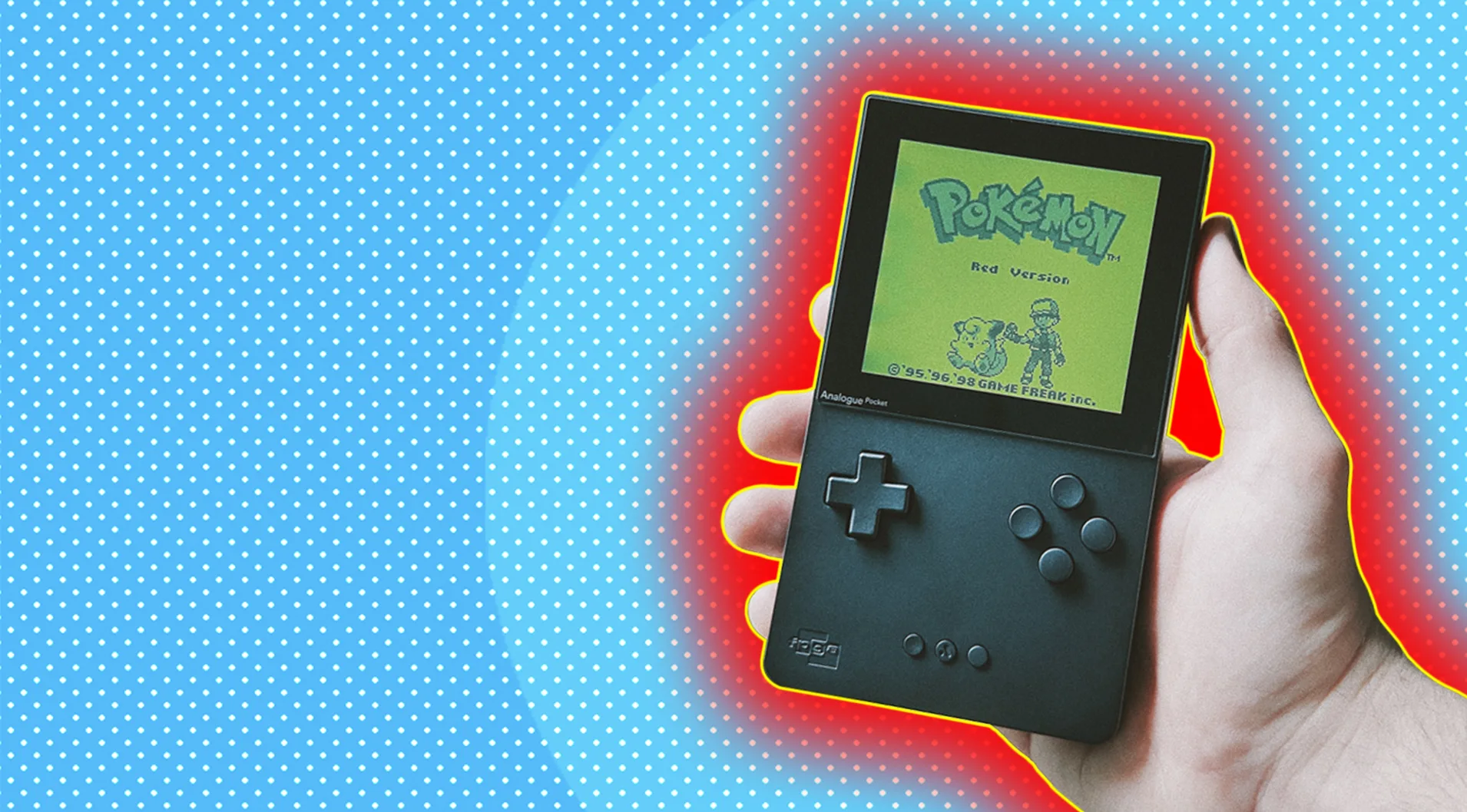 Man holding a gaming device which says Pokemon, with a red and yellow glow on a blue background.