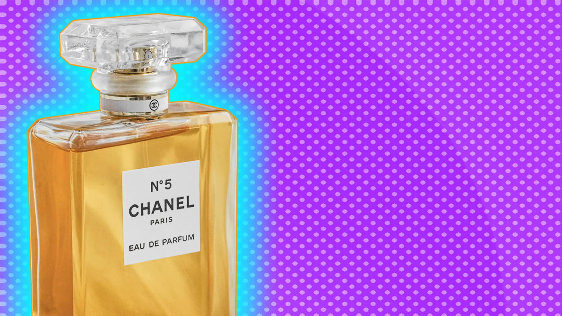 Bottle of Chanel No. 5 perfume with blue glow on purple-dotted background.