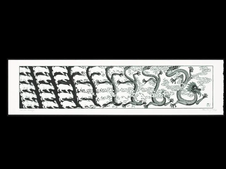 greeting card with design of rabbits turning into a dragon