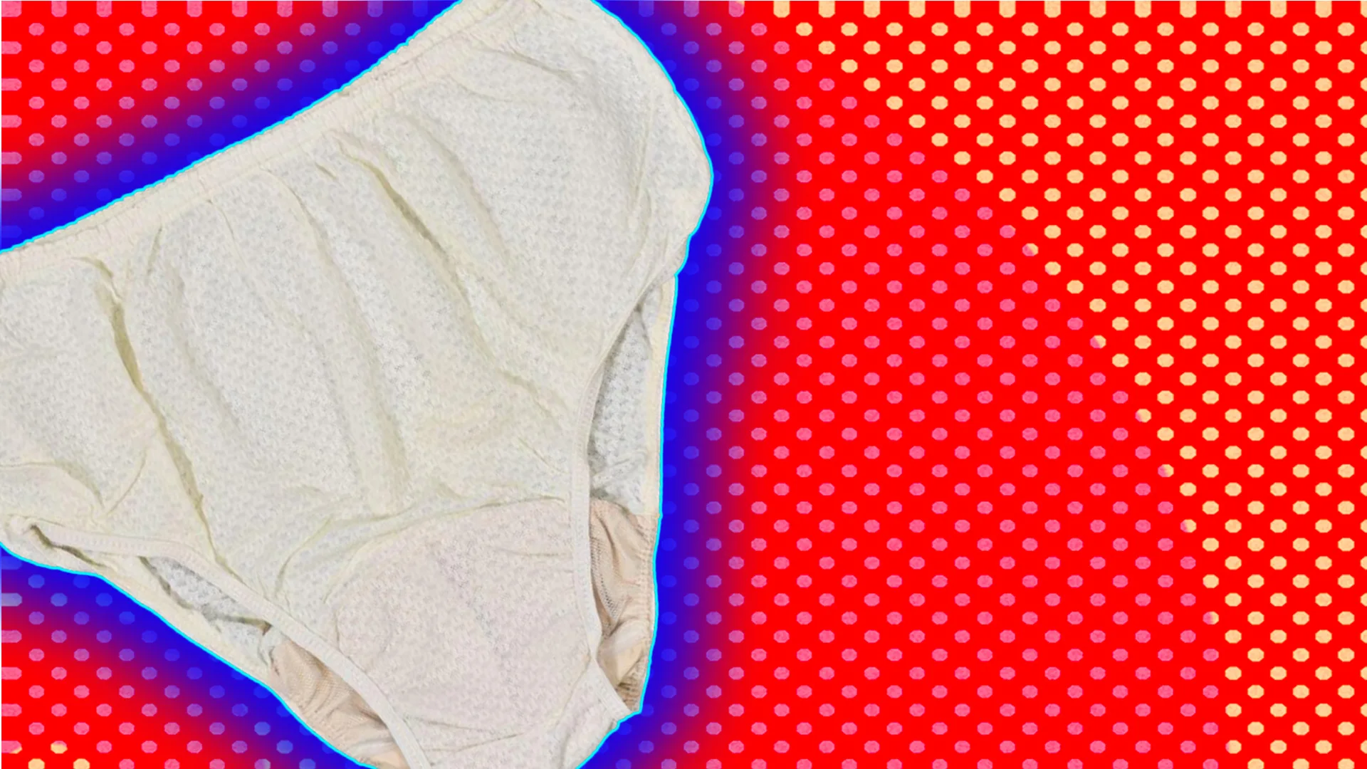 A pair of beige pants with a blue glow on a red background with yellow polka dots.