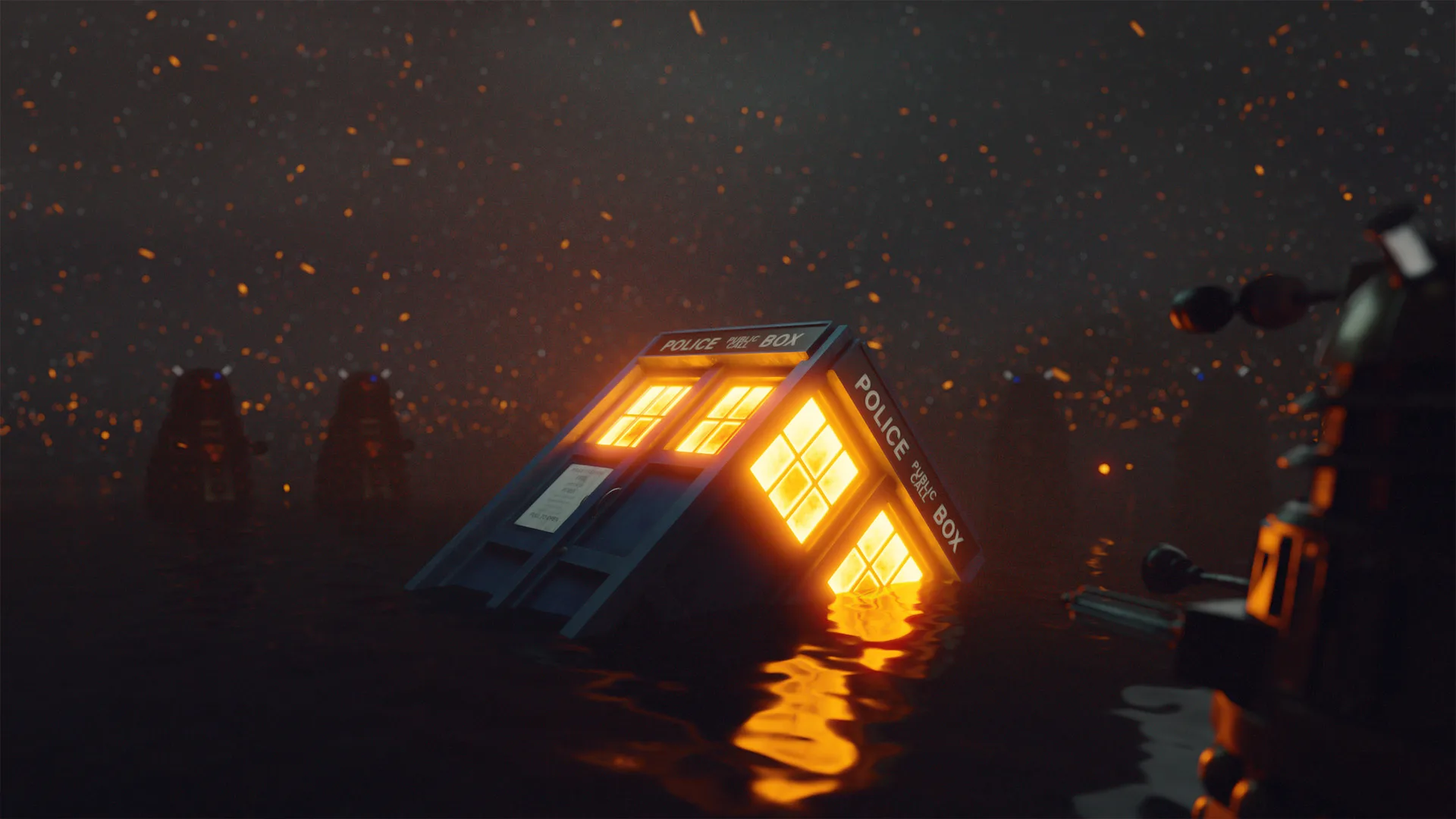 Police box Tardis sinking in water