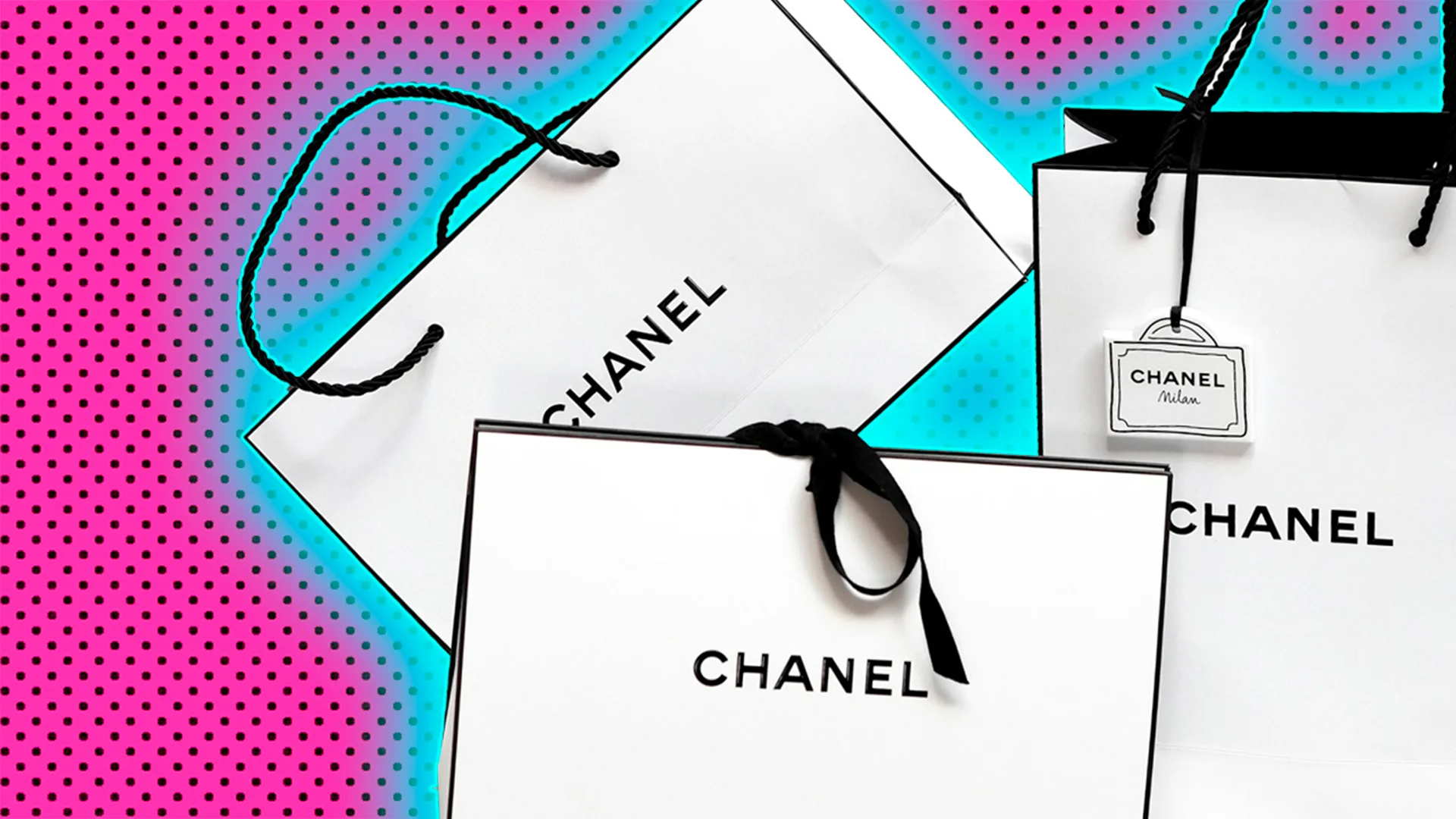 White Chanel bags against a spotty pink background