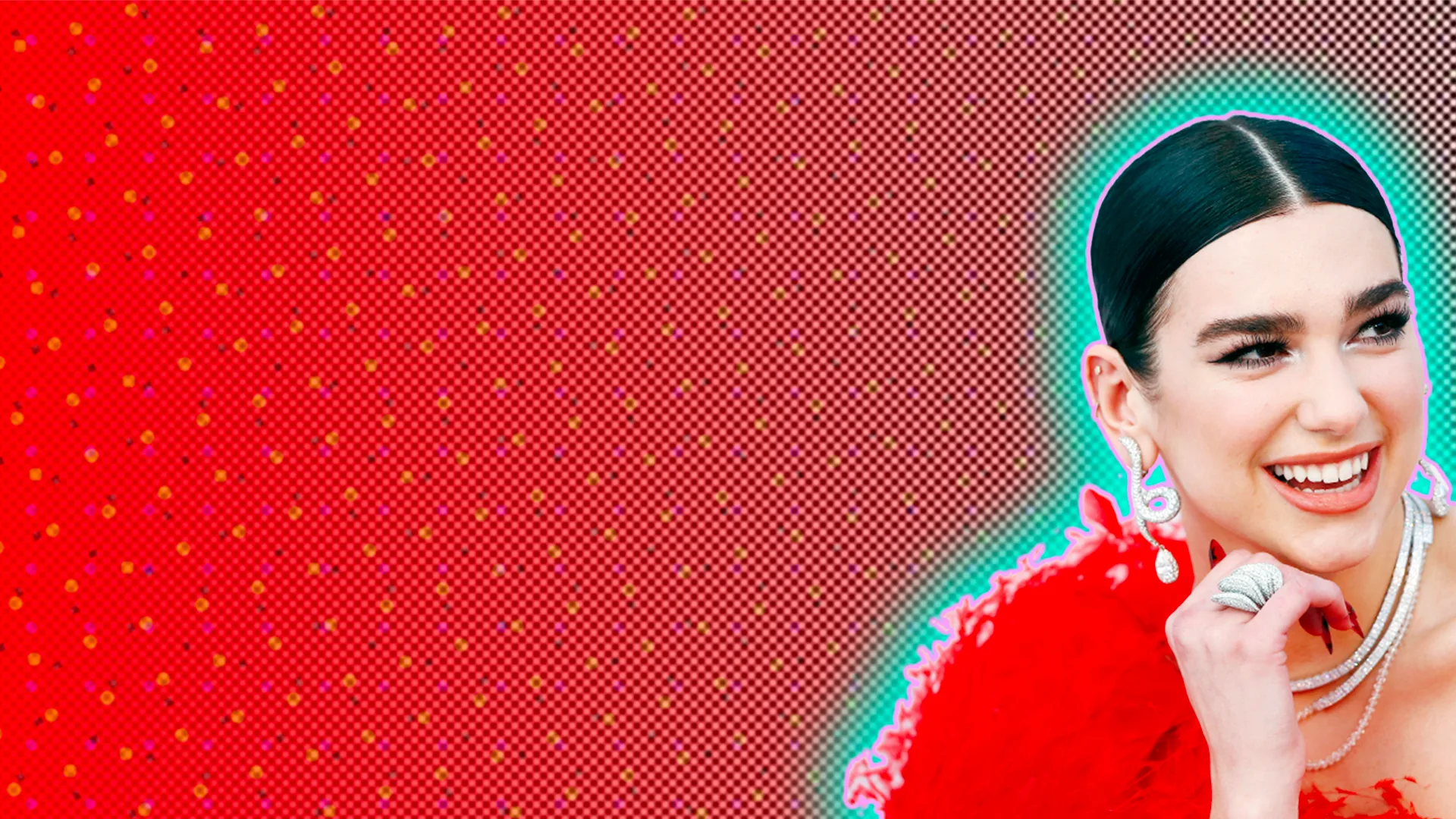 Dua Lipa wearing red fluffy dress smiles against red backdrop