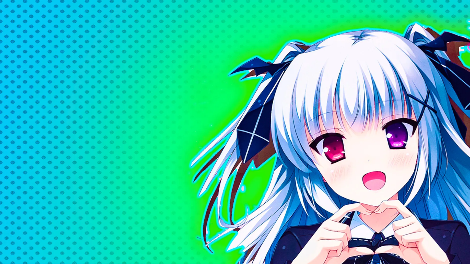 Manga character illustration with blue hair makes heart shape with hands