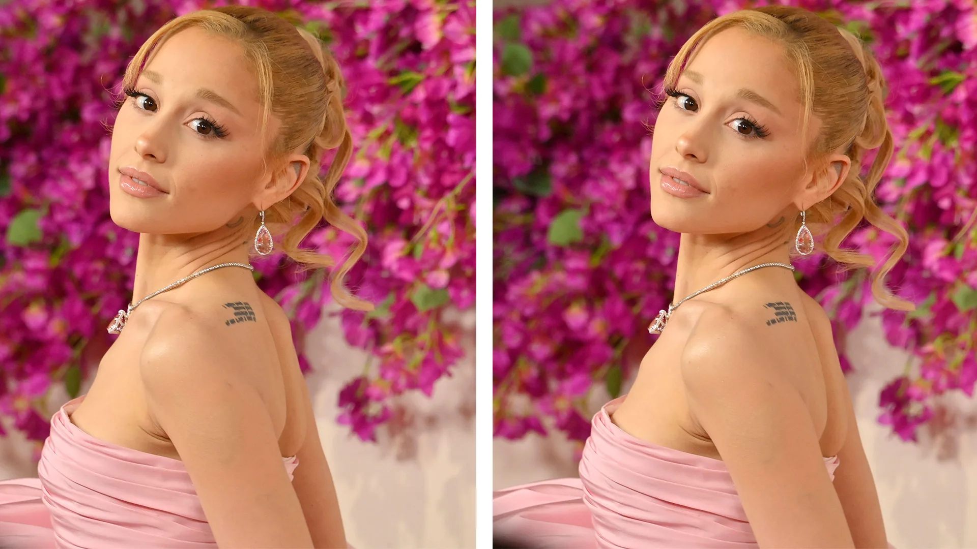 Ariana Grande wearing pink dress, stood against a pink floral backdrop