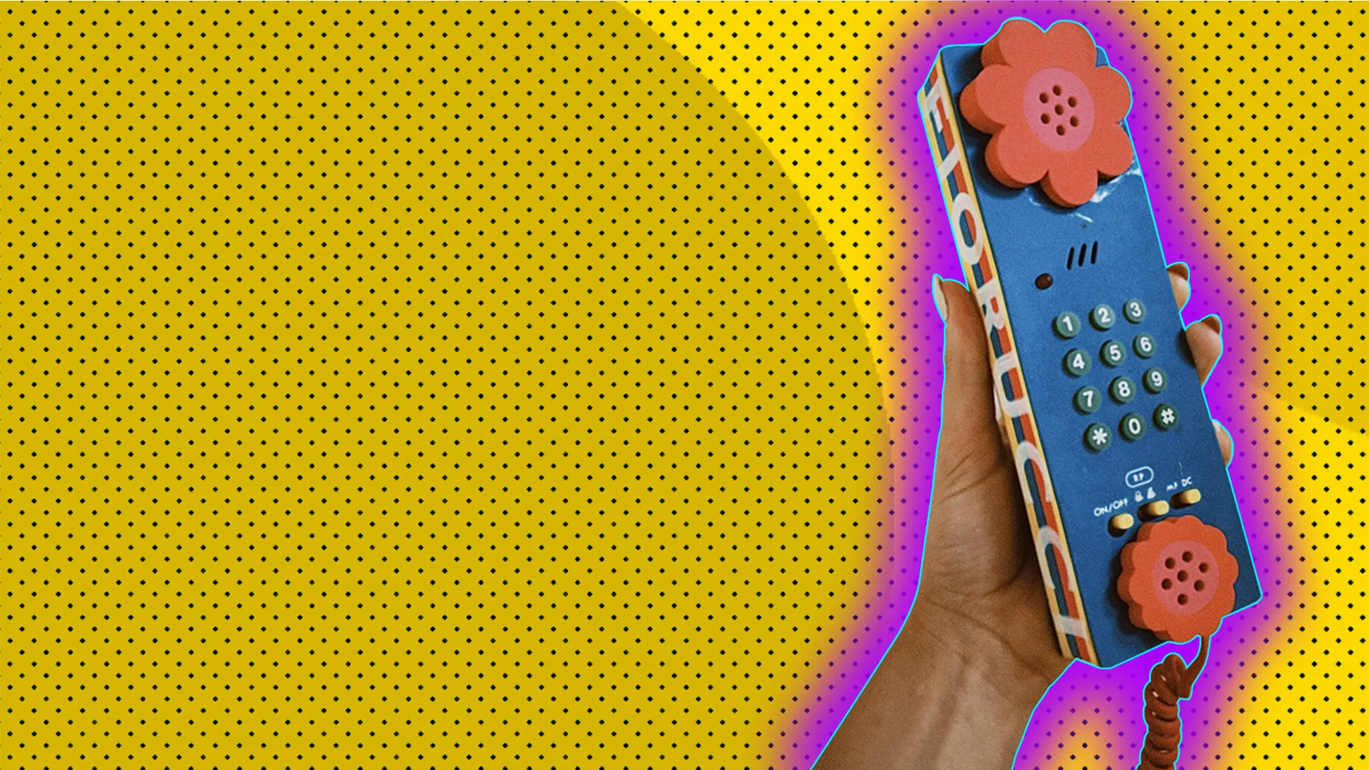 An image of a flower phone against a yellow dotted background