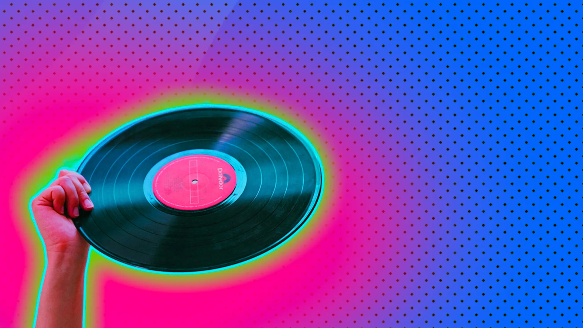 Hand holding the vinyl of Super Trouper by ABBA against a blue spotty background with a pink halo