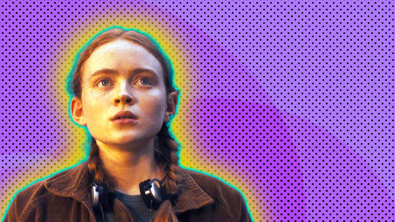 A photo of Max from Stranger Things looking up with a concerned expression on her face. Around her neck are headphones. She is surrounded by a yellow halo against a purple dotted background.