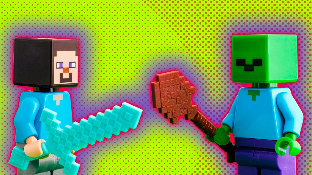A photograph of two Minecraft characters holding a sword and spade against a green dotted background with purple halos