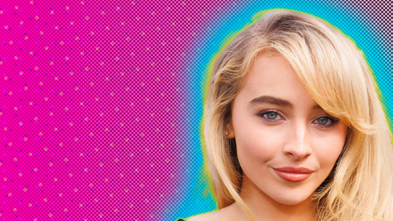 A photo of Sabrina Carpenter looking directly at the camera against a pink spotted background with a blue halo