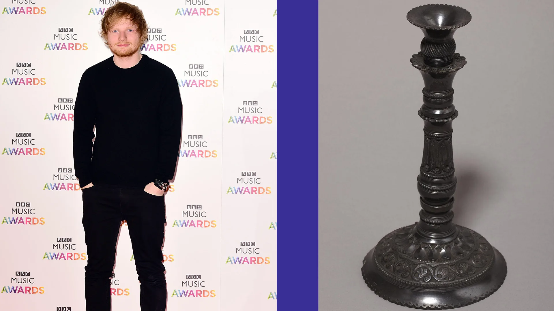 A photograph of Ed Sheeran dressed all in black against BBC MUSIC AWARDS next to a V&A object of a black candlestick with ornate details