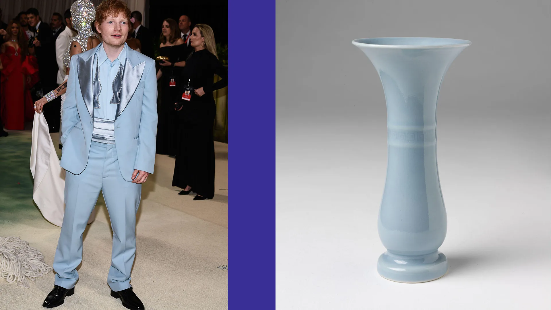A photo showing Ed Sheeran wearing a powder blue suit with silk lapels ont he red carpet next to a V&A object of a light blue vase
