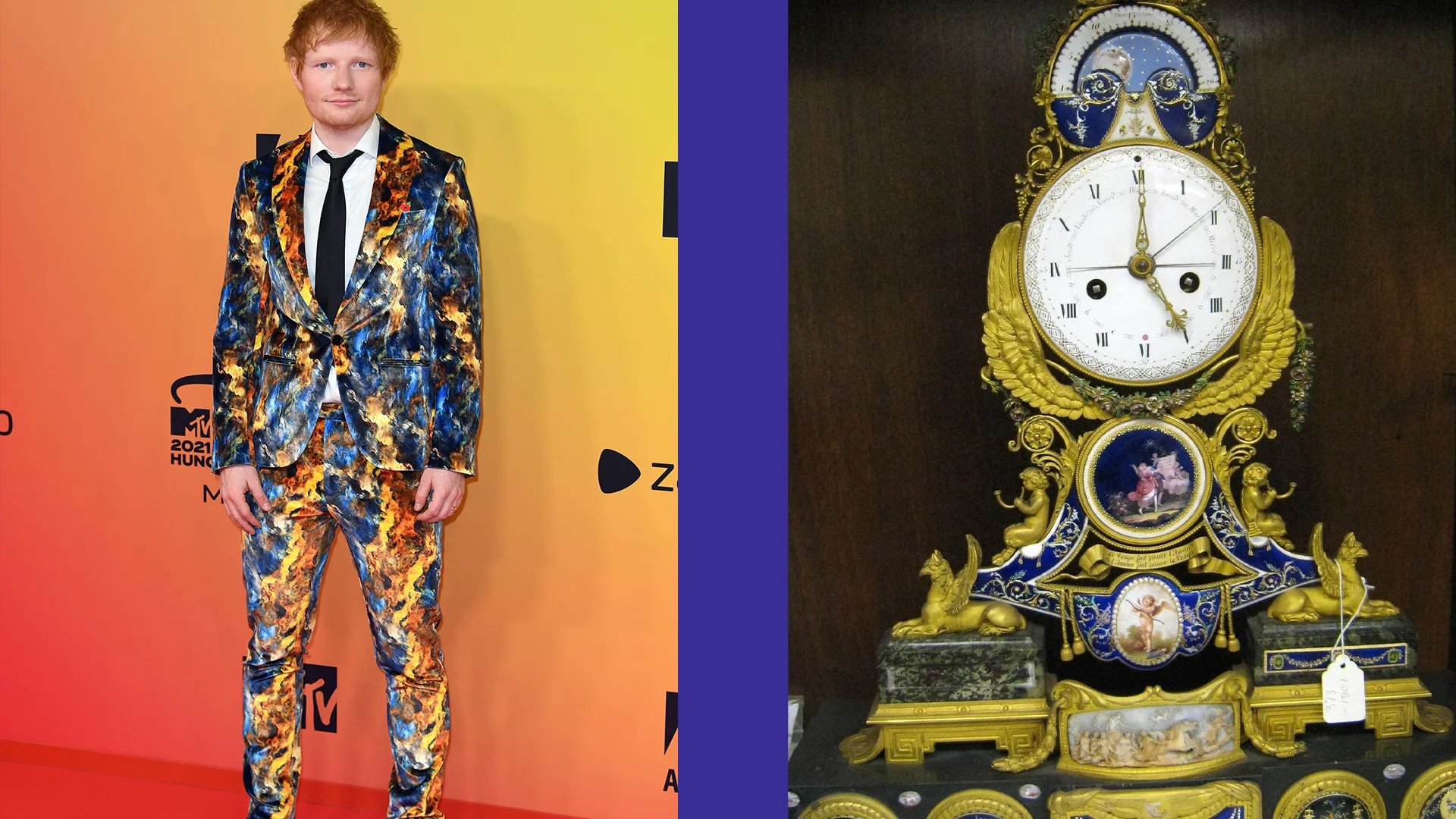 A photograph of Ed Sheeran on the red carpet wearing a blue and gold suit next to a photograph of a V&A gold and blue clock