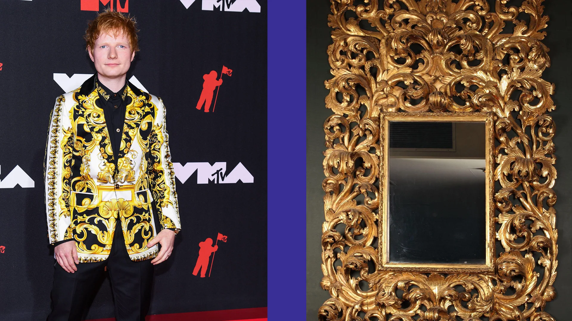 A photograph of Ed Sheeran in a gold black and white jacket next to a V&A gold ornate mirror
