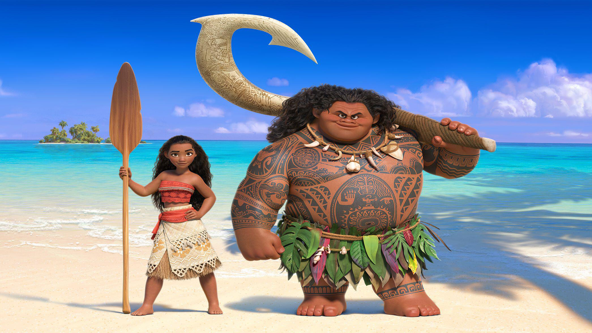 A still from the film Moana showing the two main characters stood on a beach of white sand and blue sea folding a sail and a sword.