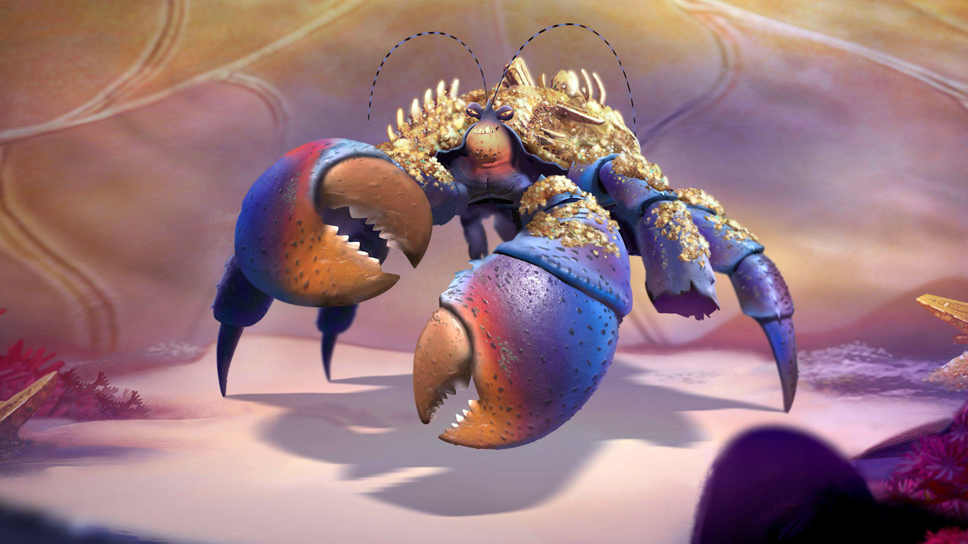 A photo of the crab from Moana with a shiny golden back and blue and orange claws stood on the sea bed.