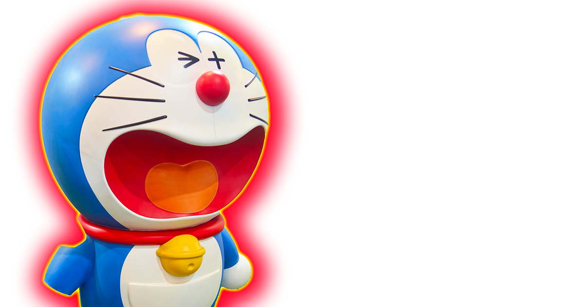 A photo of Doraemon screaming with a yellow and red halo.